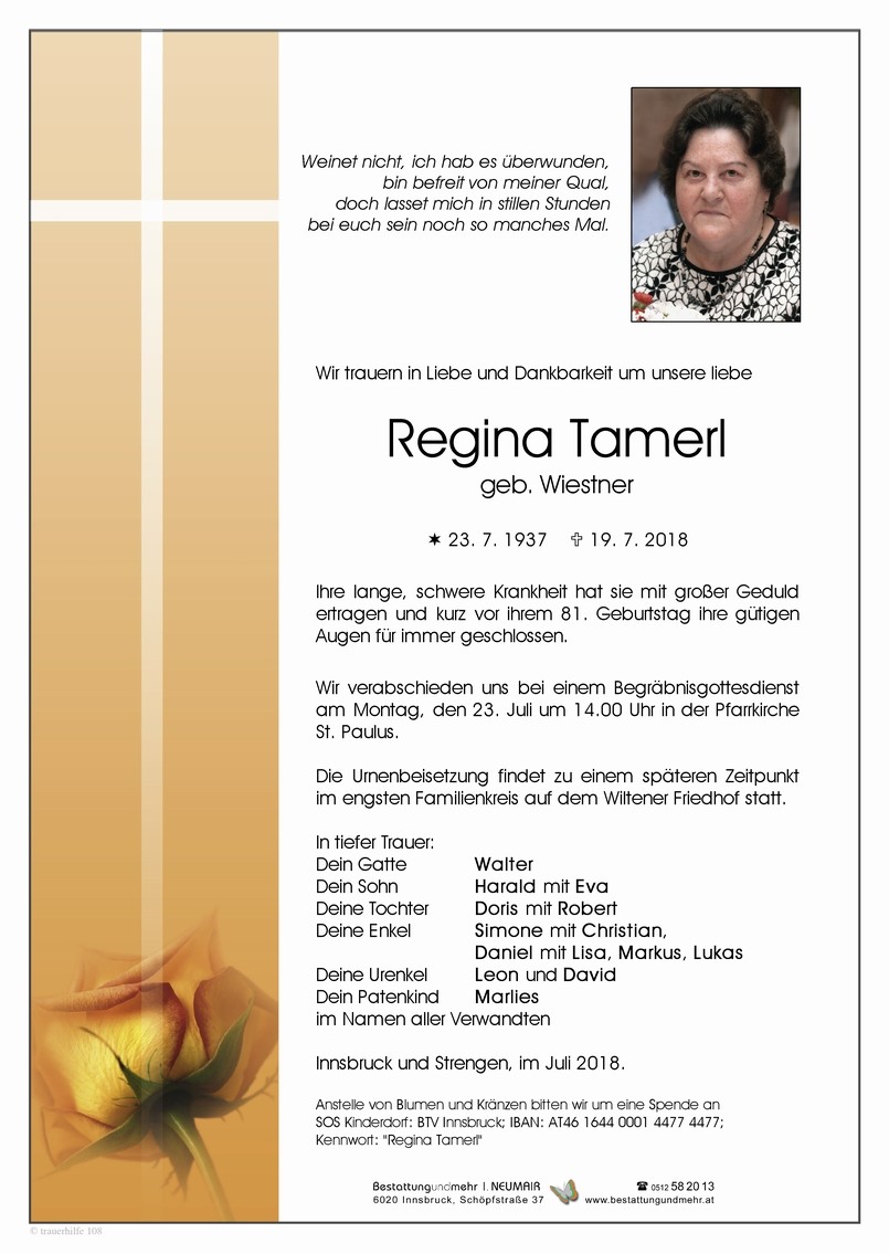 Traueranzeige von Regina Tamerl