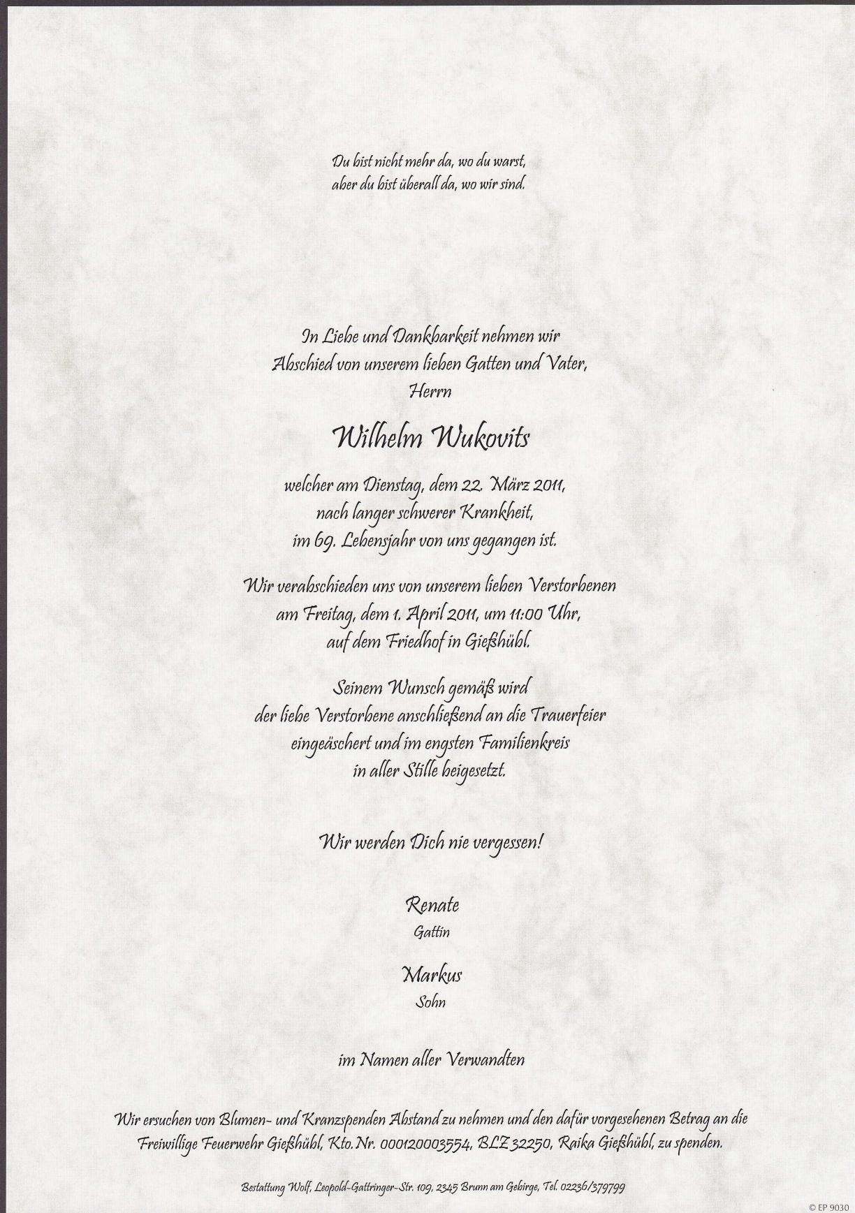 Traueranzeige von Wukovits Wilhelm