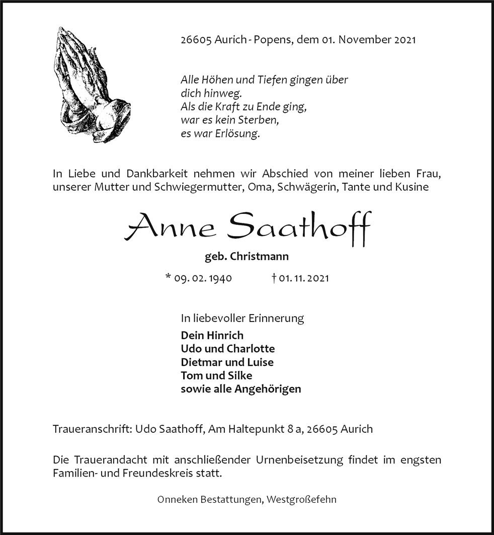 Traueranzeige von Anne Saathoff