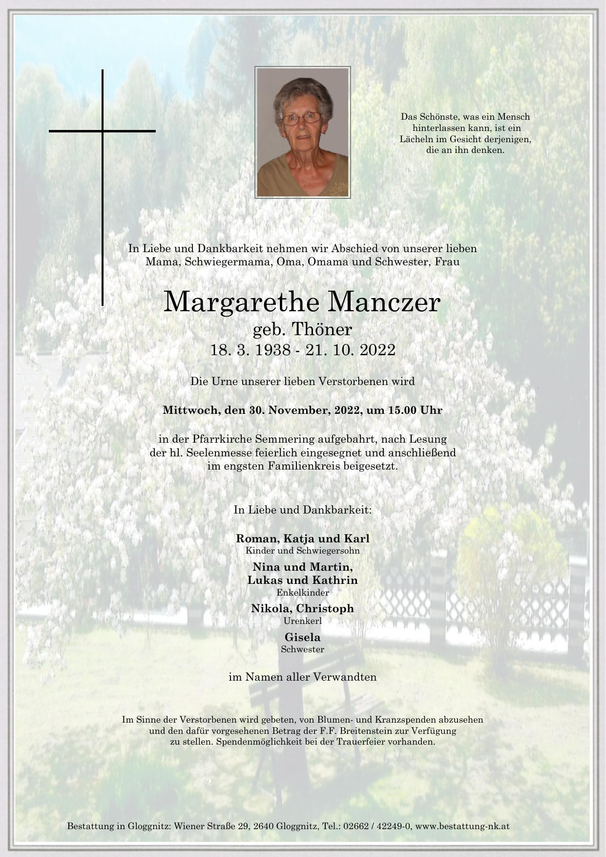 Traueranzeige von Margarethe Manczer