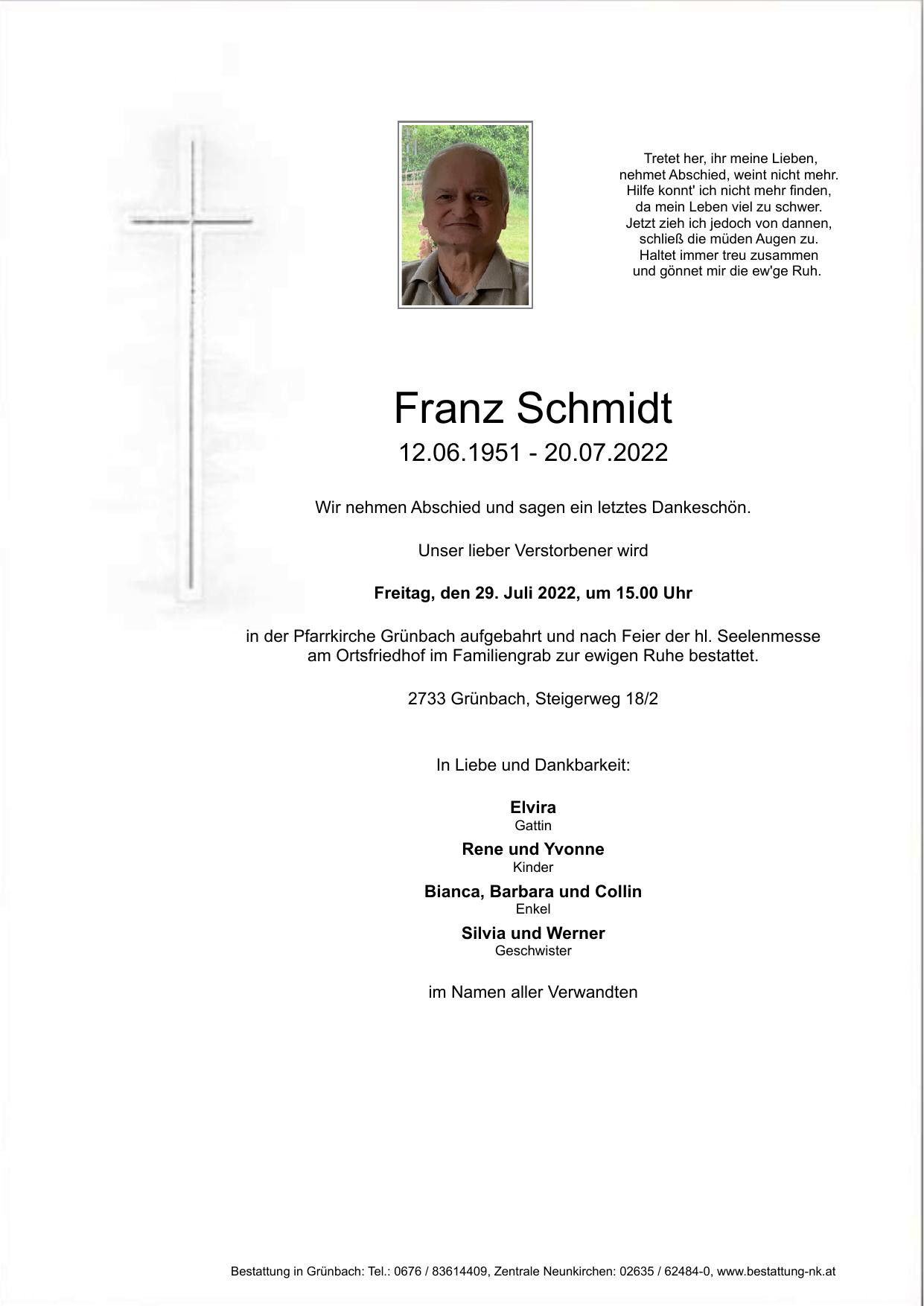 Traueranzeige von Franz Schmidt