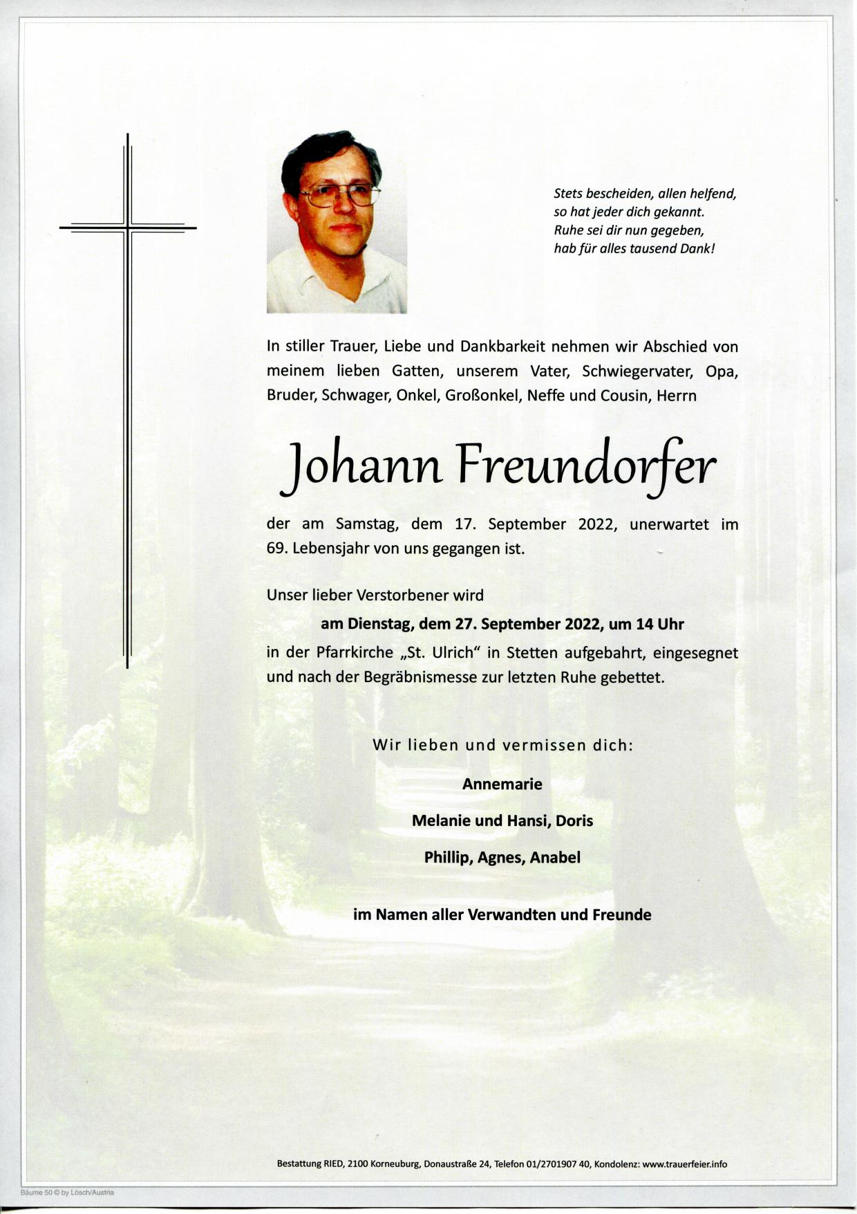 Traueranzeige von Johann Freundorfer