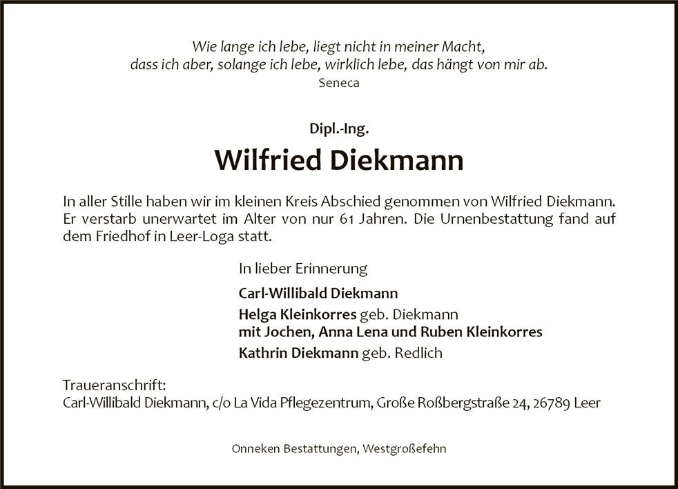 Traueranzeige von Wilfried Diekmann