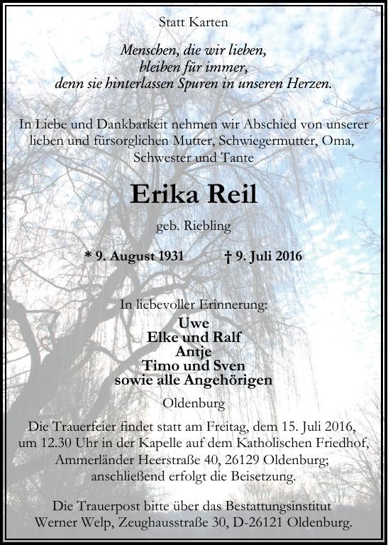 Traueranzeige von Erika Reil