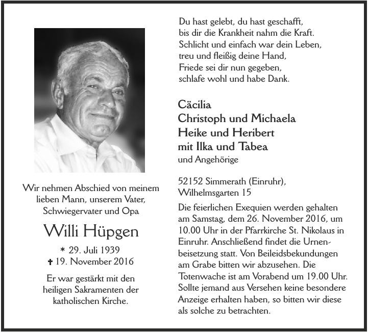 Traueranzeige von Willi Hüpgen