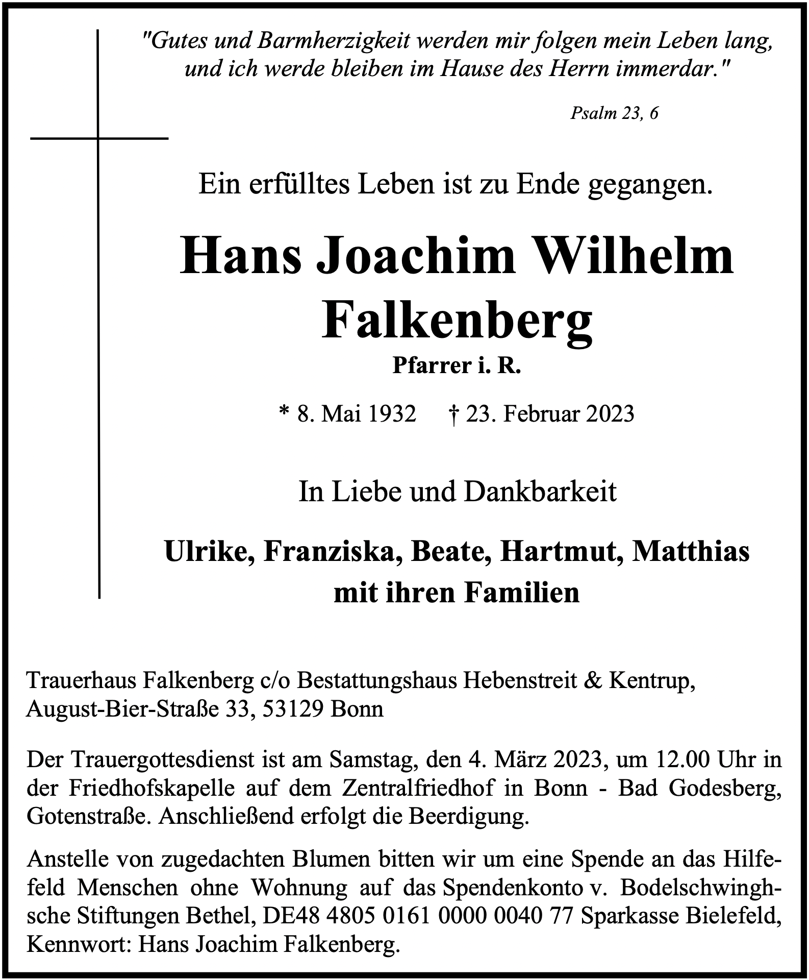 Traueranzeige von Hans Joachim Wilhelm Falkenberg