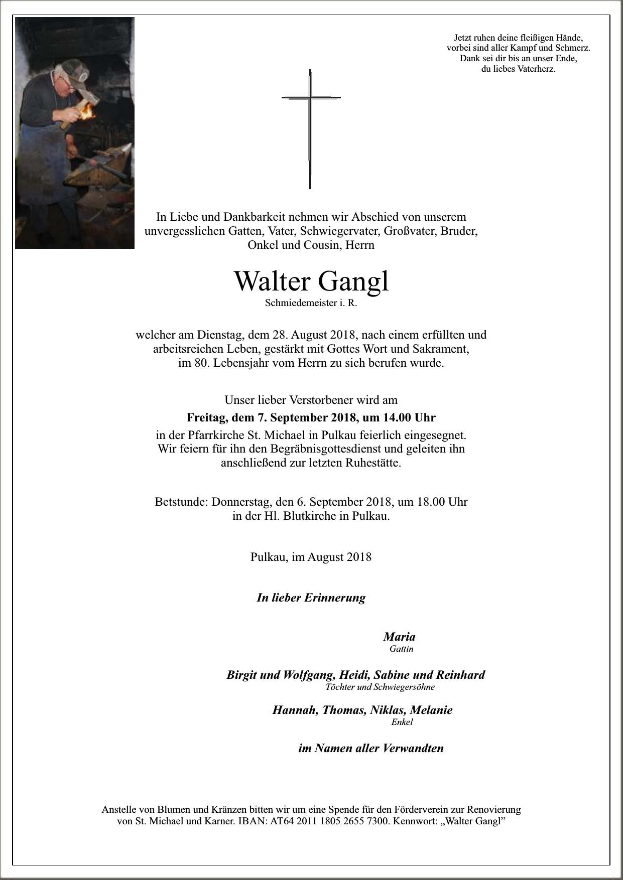 Traueranzeige von Walter Gangl