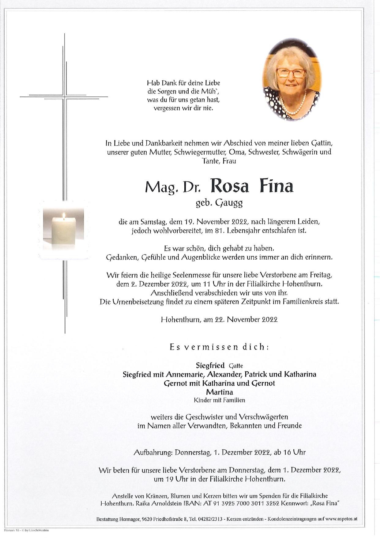 Traueranzeige von Mag. Dr. Rosa Fina