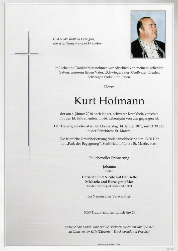 Traueranzeige von Kurt Hofmann