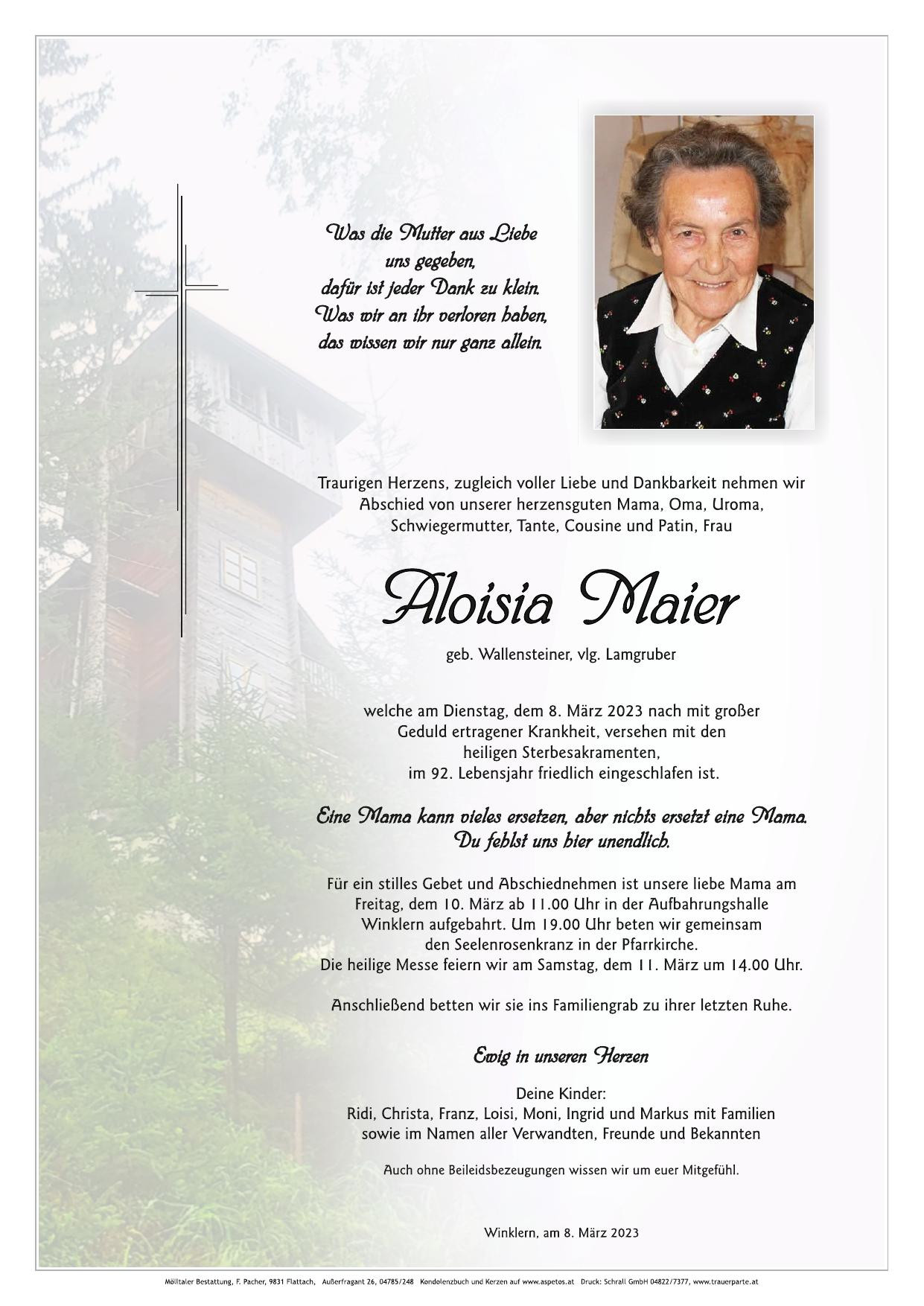 Traueranzeige von Aloisia Maier