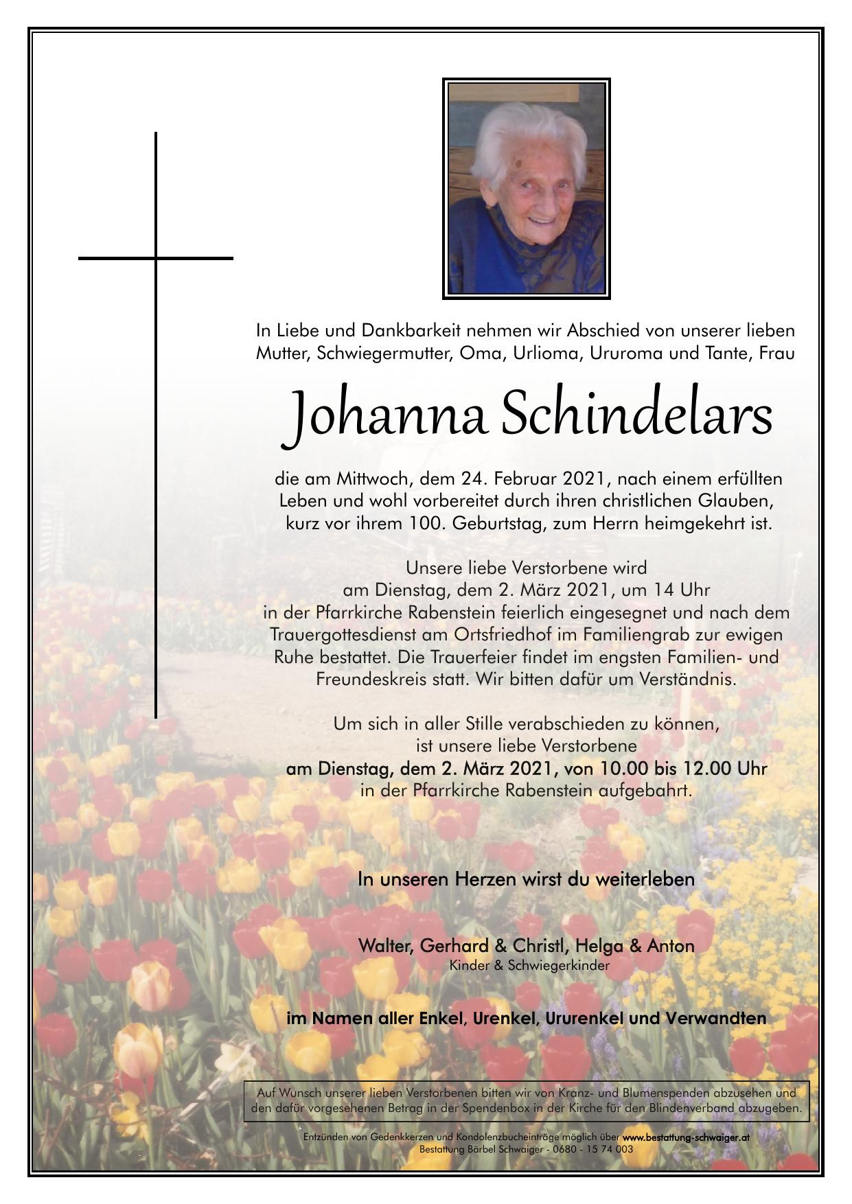Traueranzeige von Johanna Schindelars