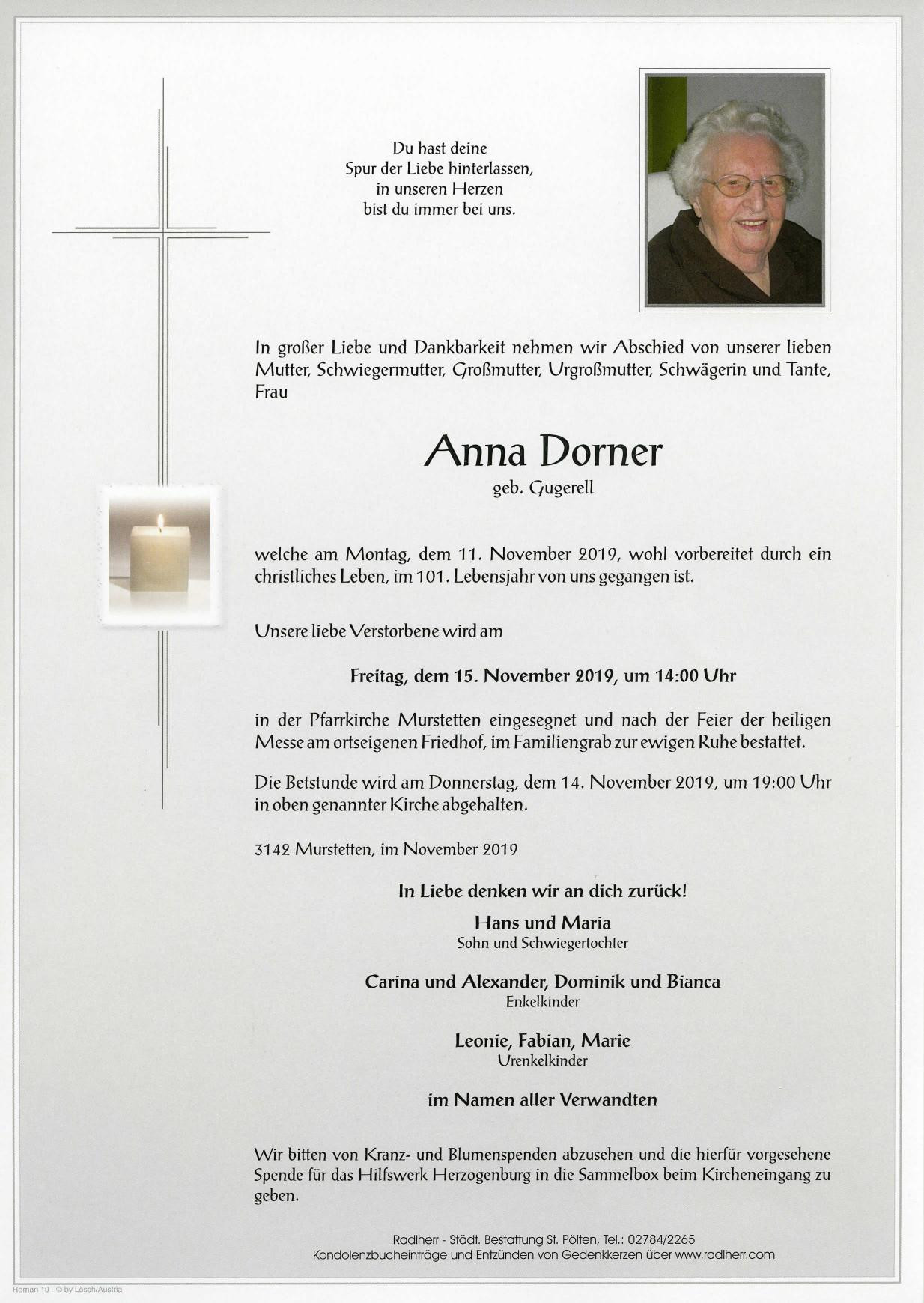 Traueranzeige von Anna Dorner