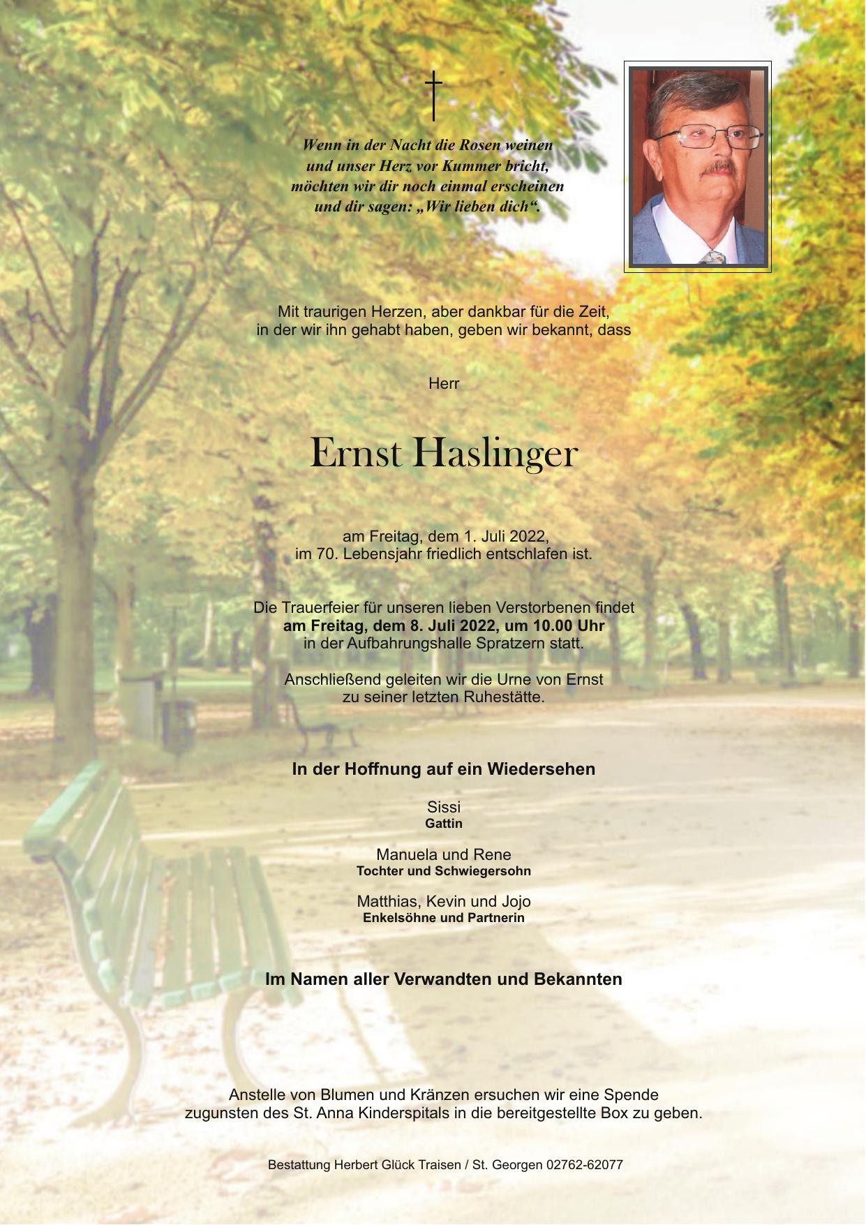 Traueranzeige von Ernst Haslinger