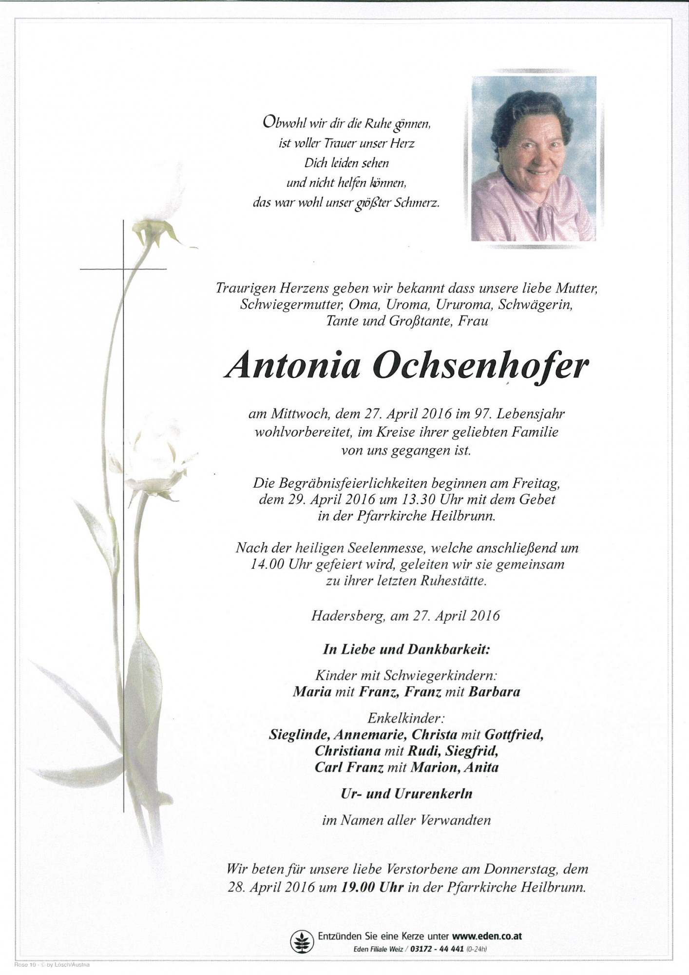 Traueranzeige von Antonia Ochsenhofer