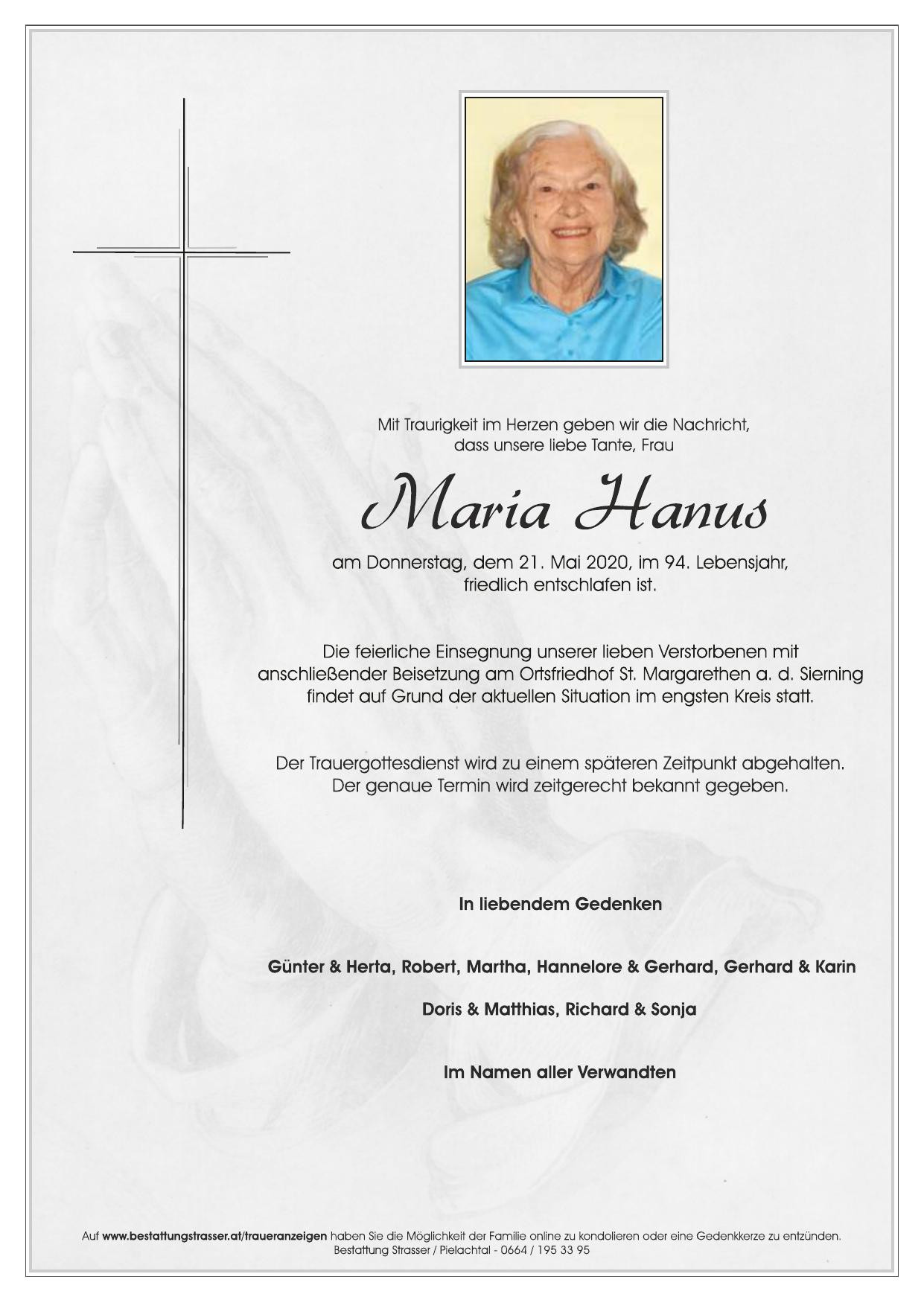 Traueranzeige von Maria Hanus