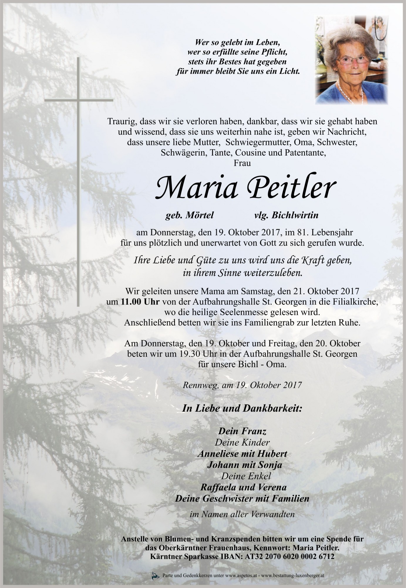 Traueranzeige von Maria Peitler