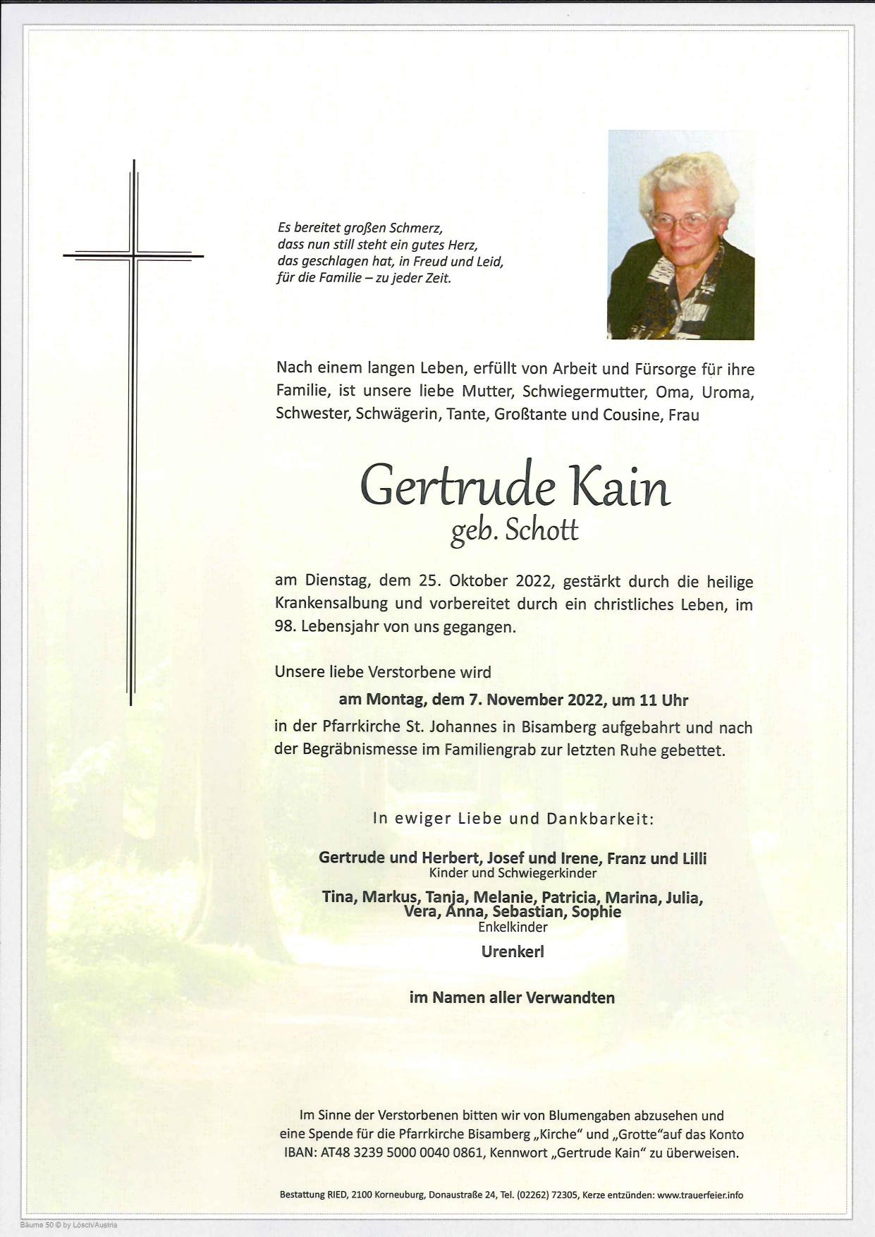 Traueranzeige von Gertrude Kain