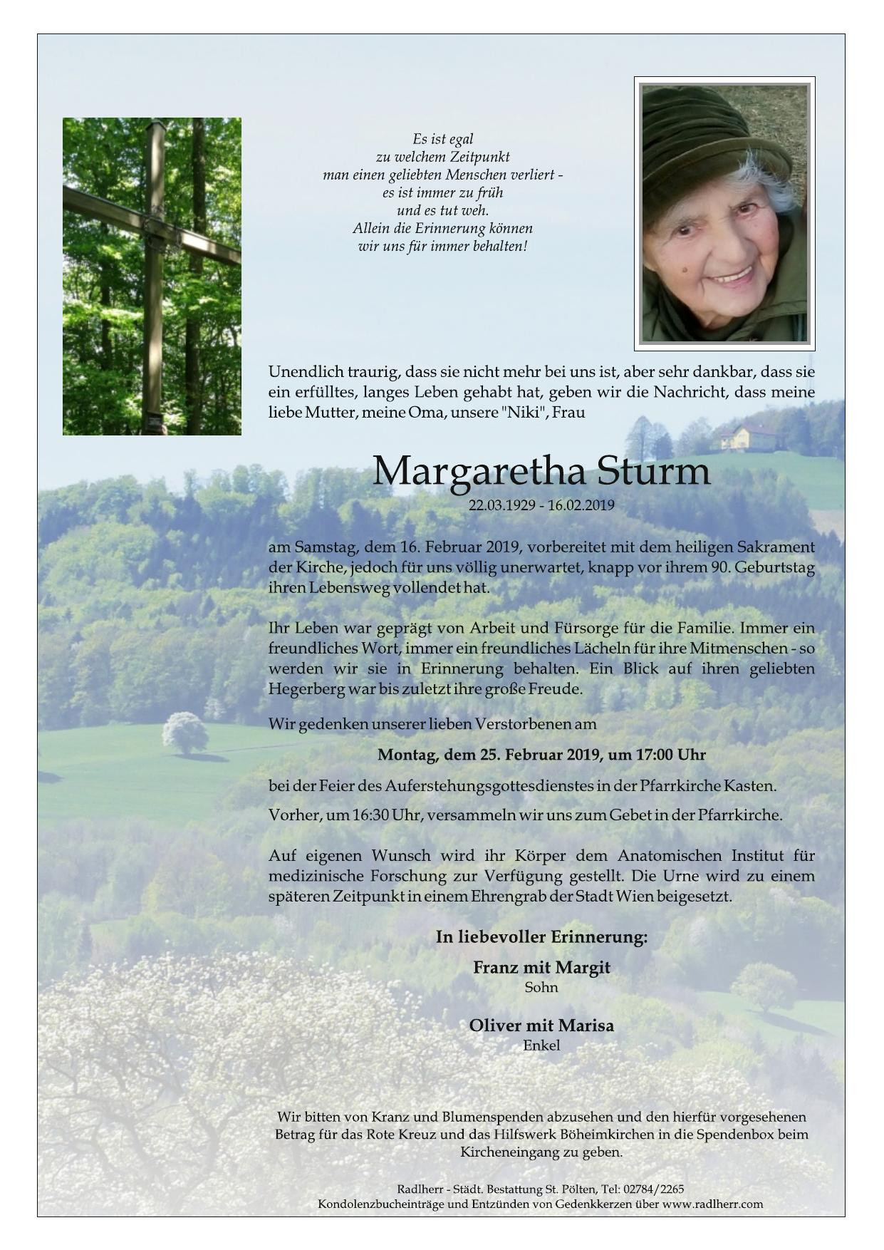 Traueranzeige von Margaretha Sturm