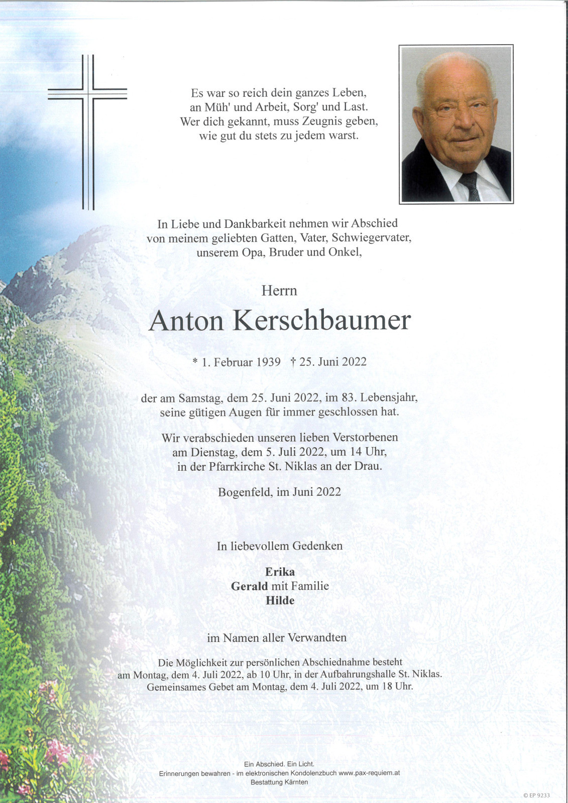 Traueranzeige von Anton Kerschbaumer