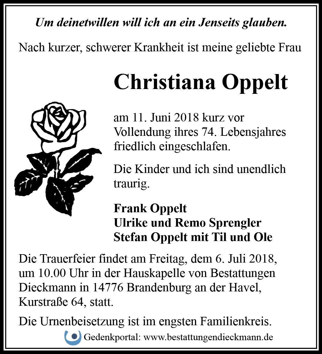 Traueranzeige von Christiana Oppelt