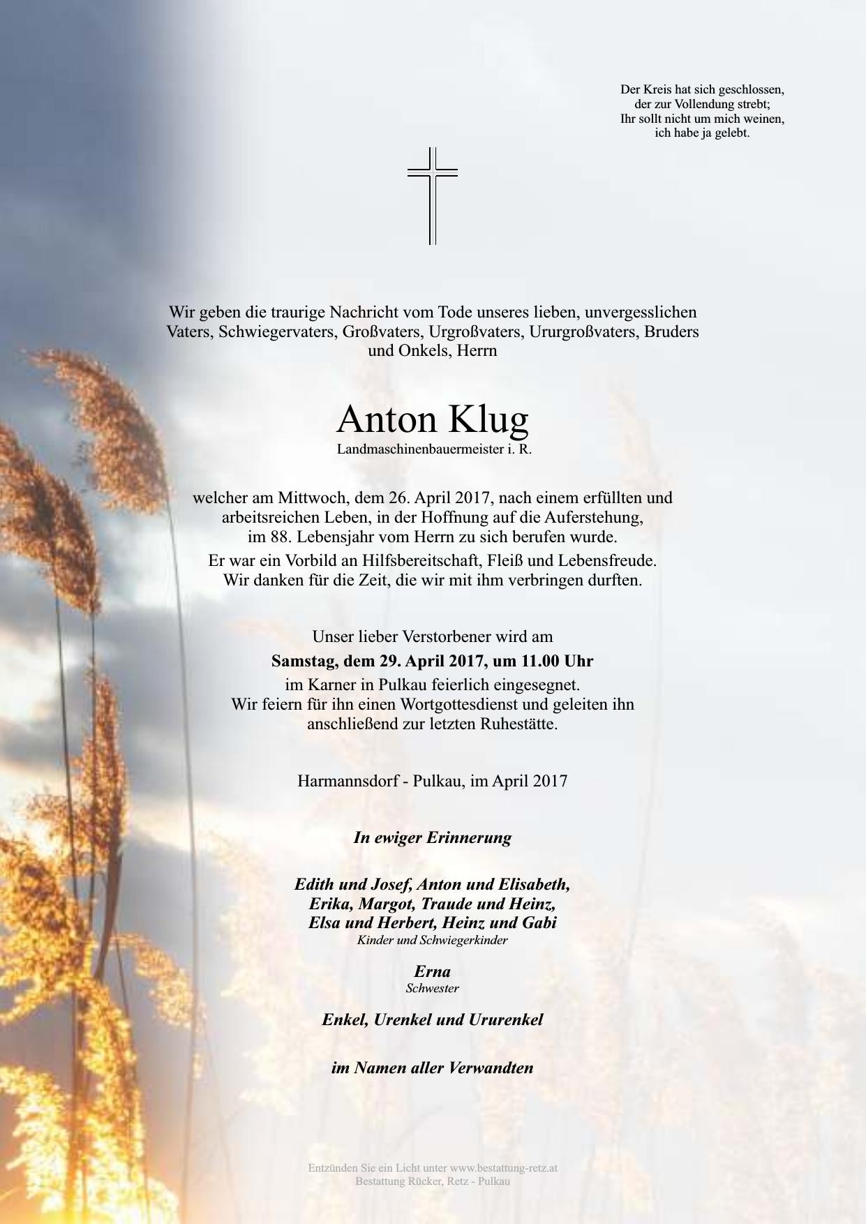 Traueranzeige von Anton Klug