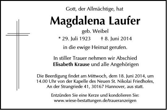 Traueranzeige von Magdalena Laufer