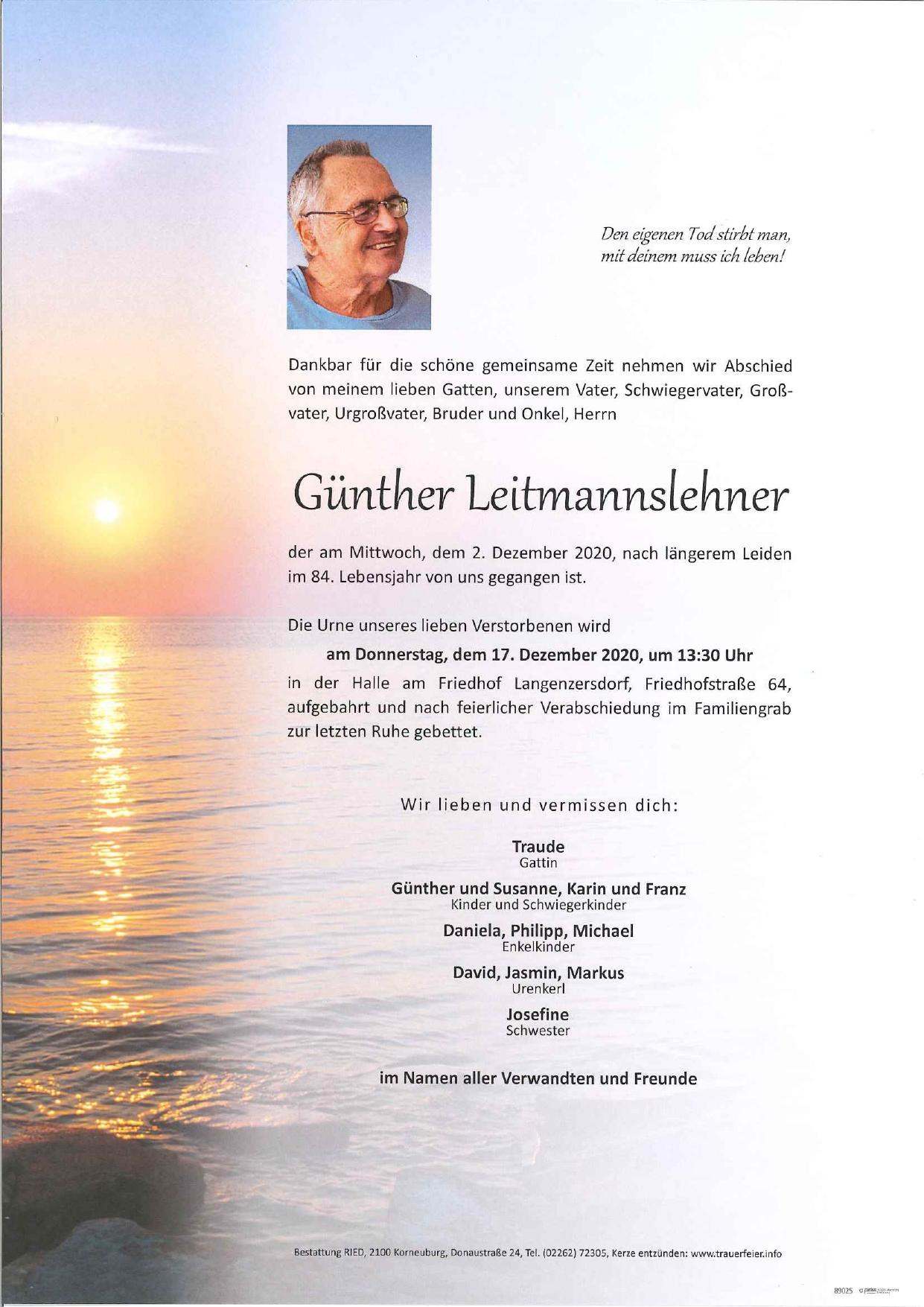 Traueranzeige von Günther Leitmannslehner