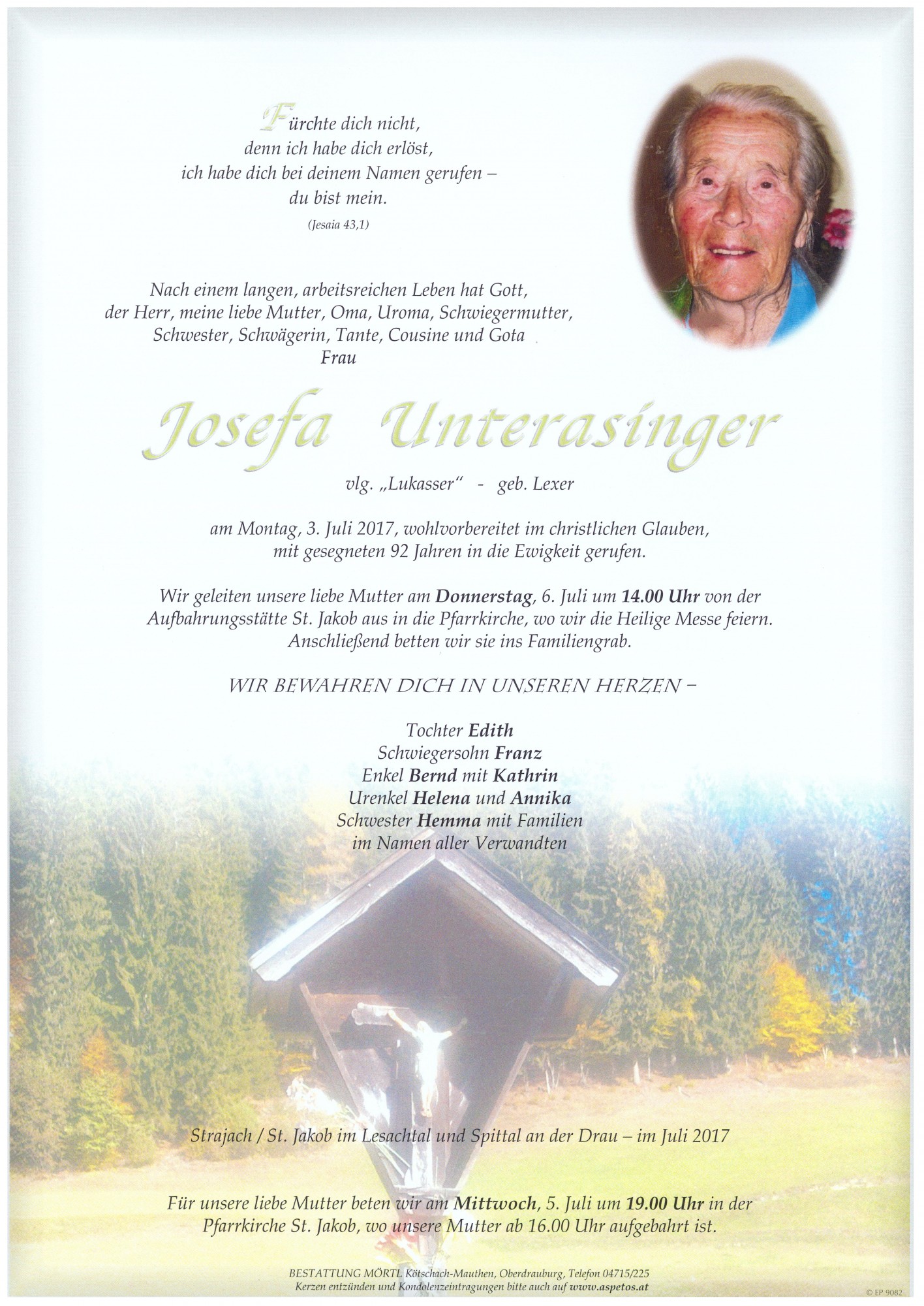 Traueranzeige von Josefa Unterasinger