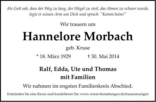Traueranzeige von Hannelore Morbach