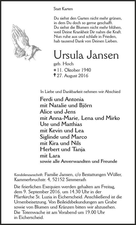 Traueranzeige von Ursula Jansen