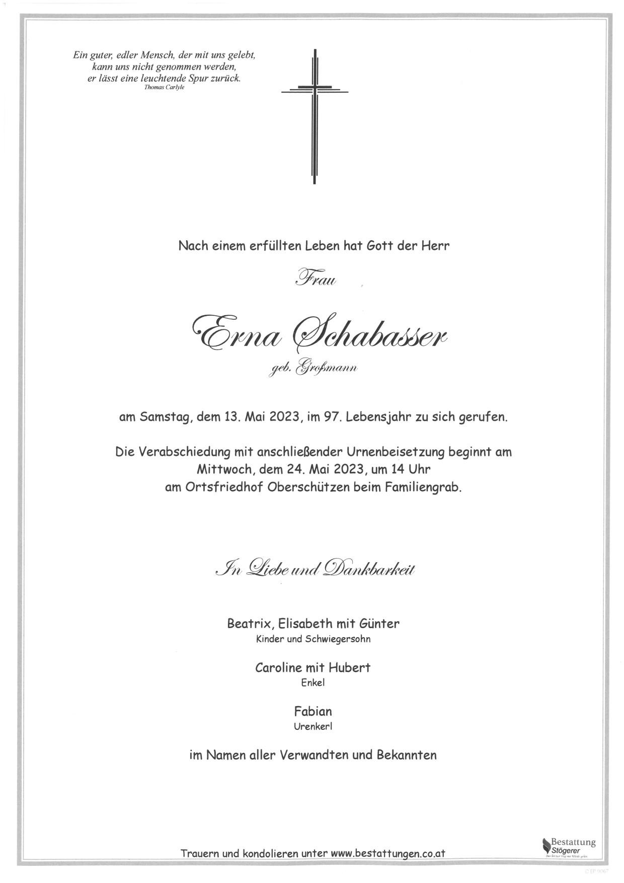 Traueranzeige von Erna Schabasser