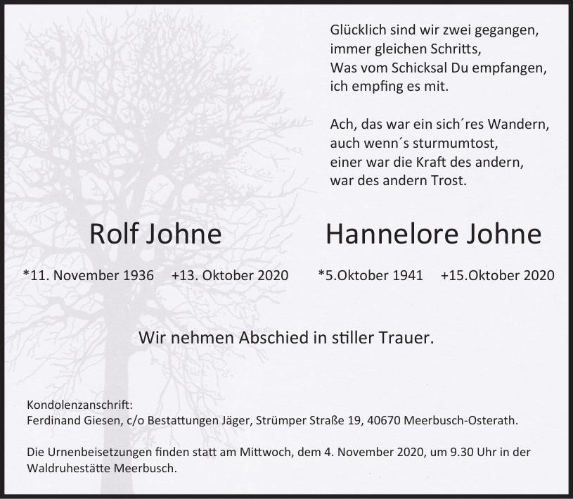 Traueranzeige von Rolf und Hannelore Johne