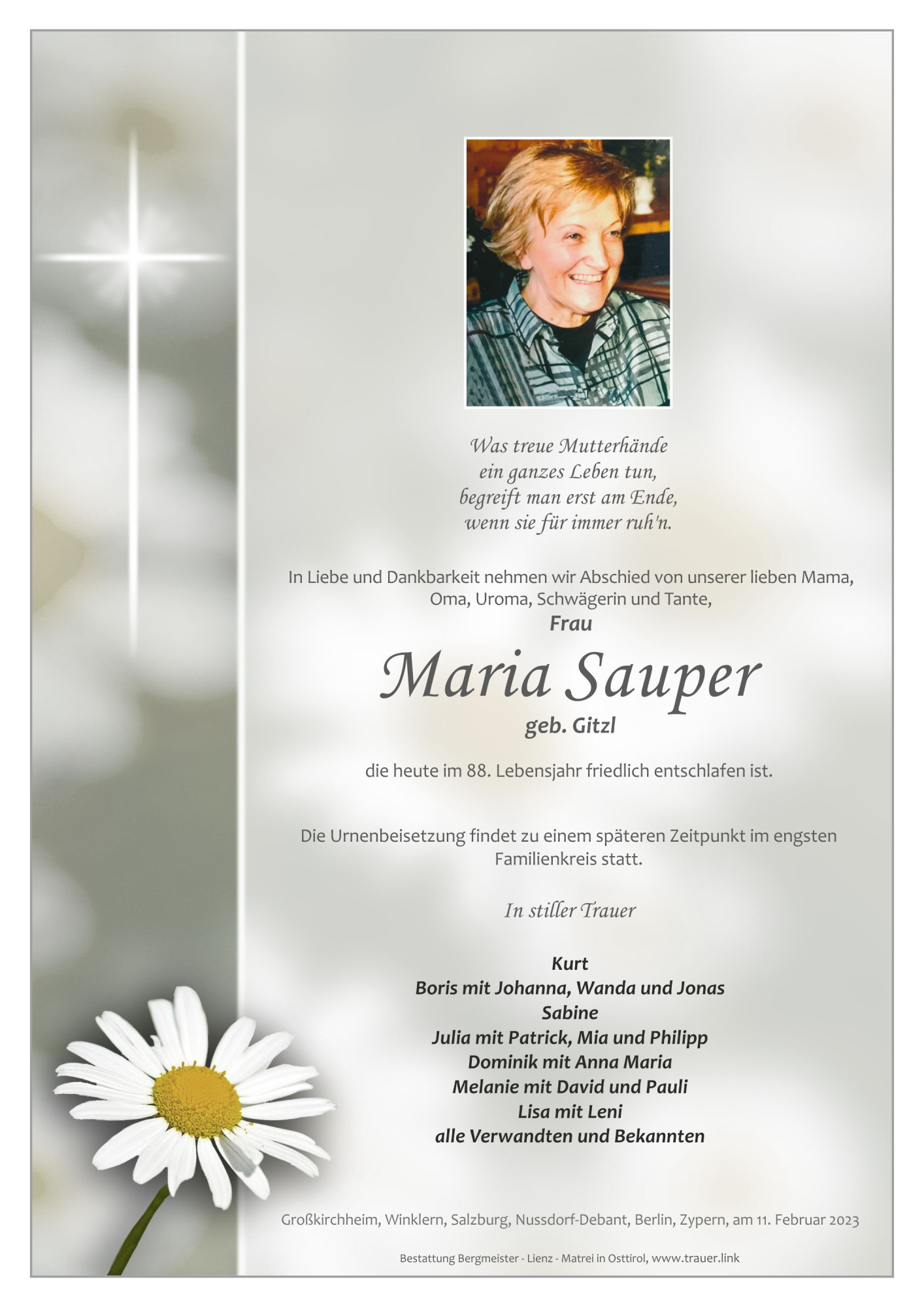 Traueranzeige von Maria Sauper