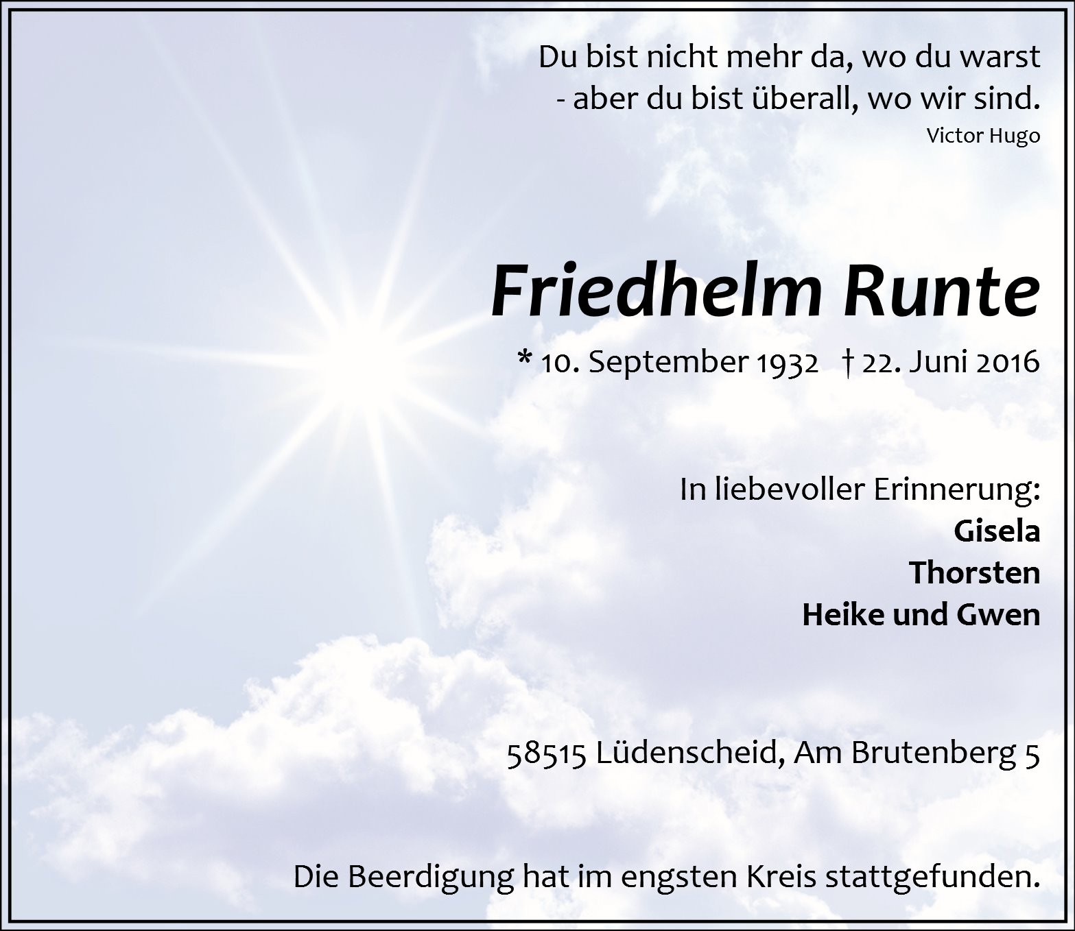 Traueranzeige von Friedhelm Runte