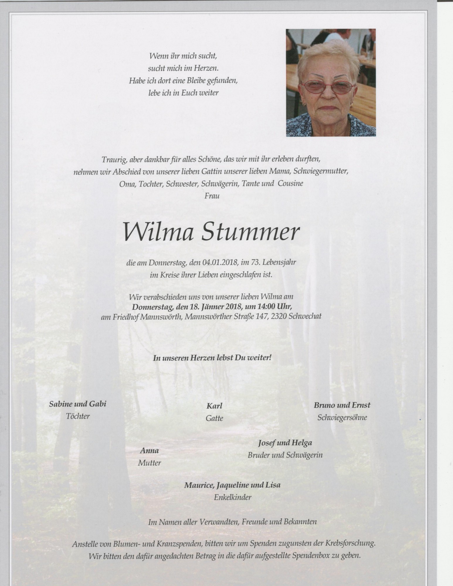 Traueranzeige von Wilma Stummer