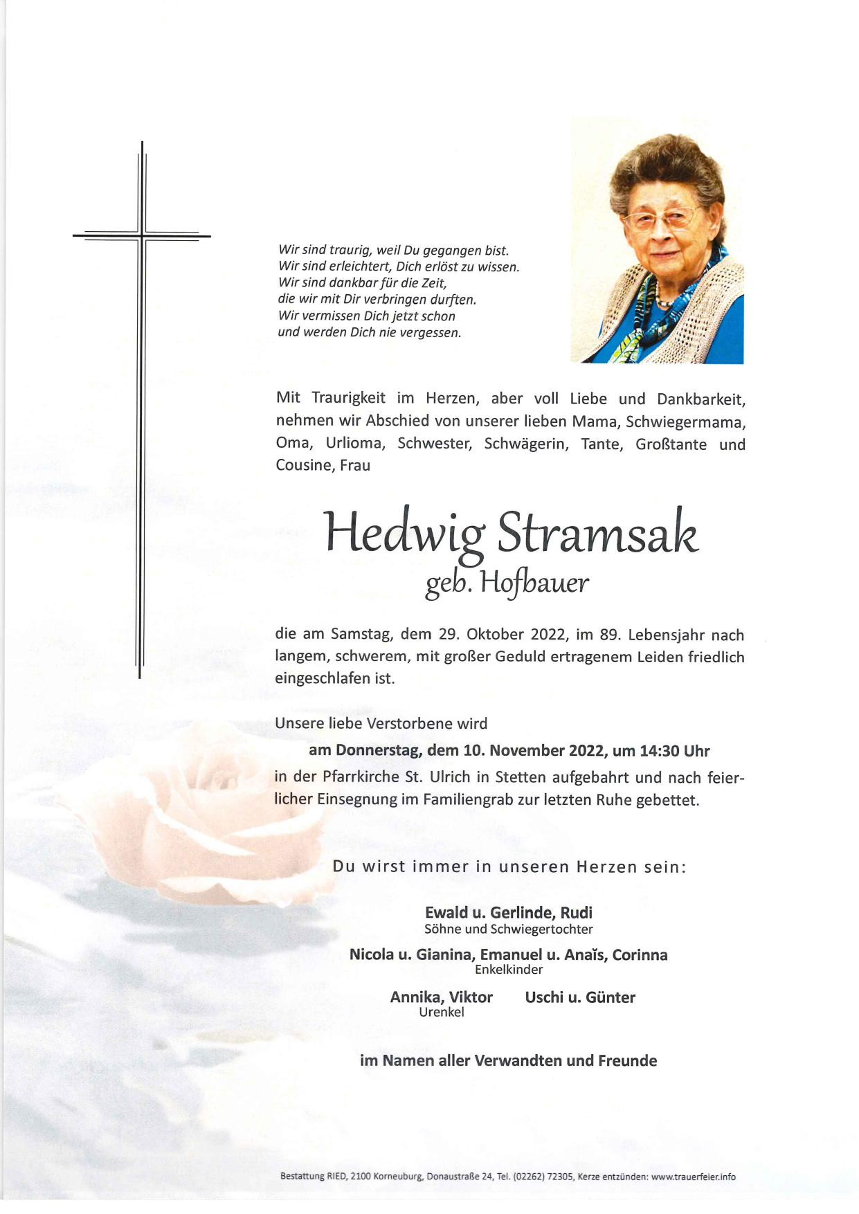 Traueranzeige von Hedwig Stramsak