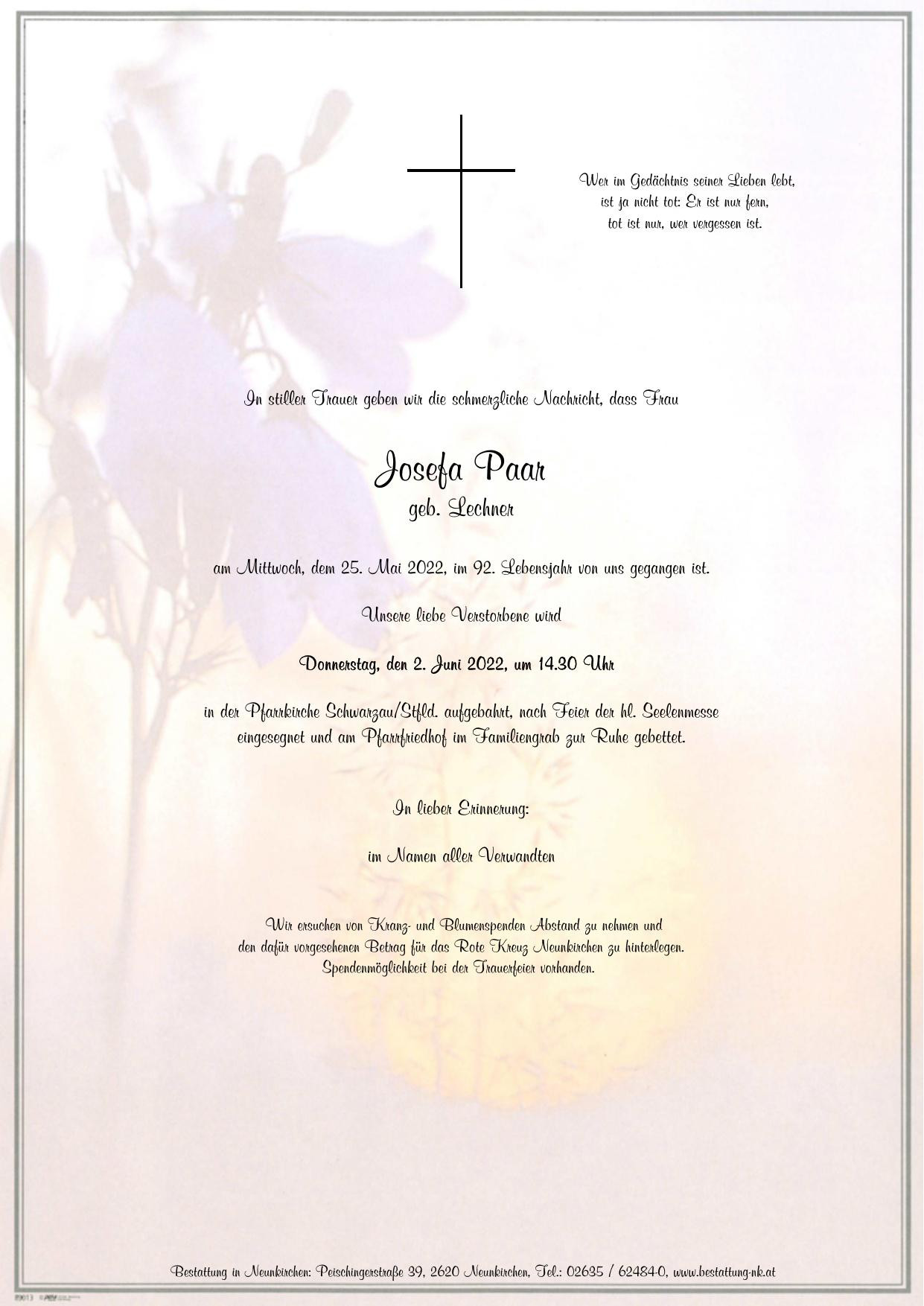 Traueranzeige von Josefa Paar