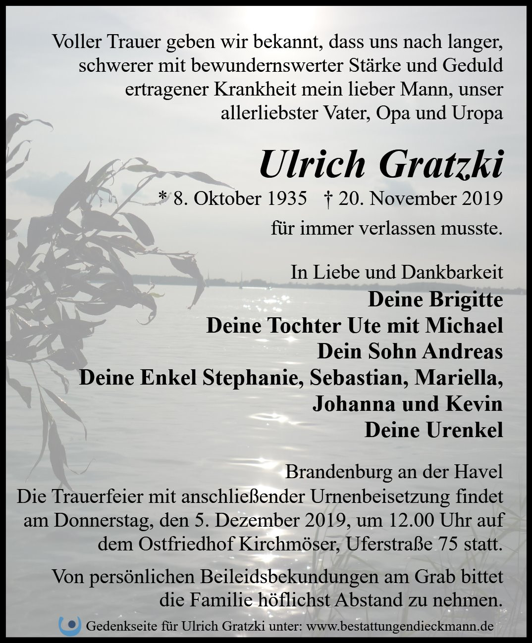 Traueranzeige von Ulrich Gratzki