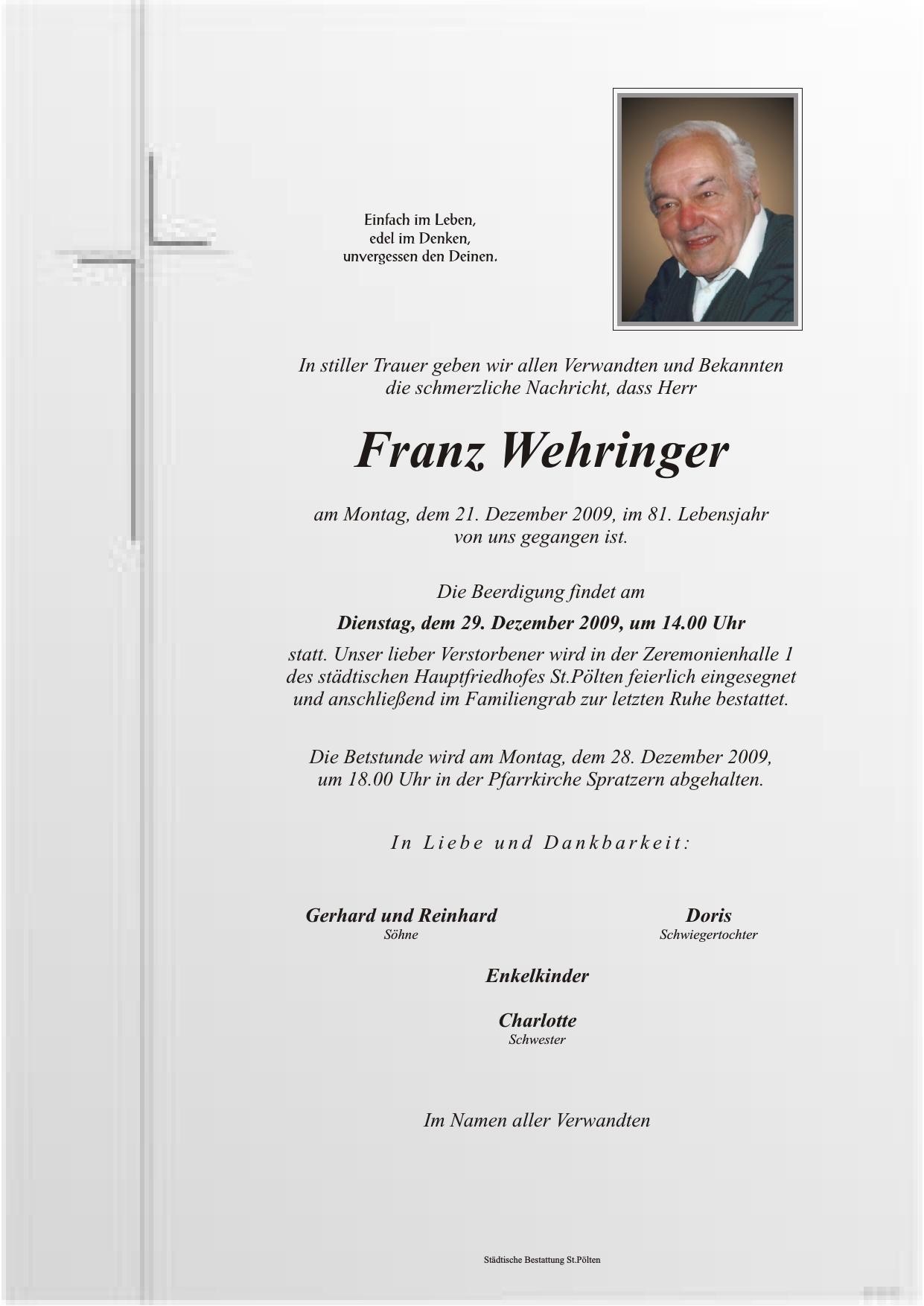Traueranzeige von Franz Wehringer