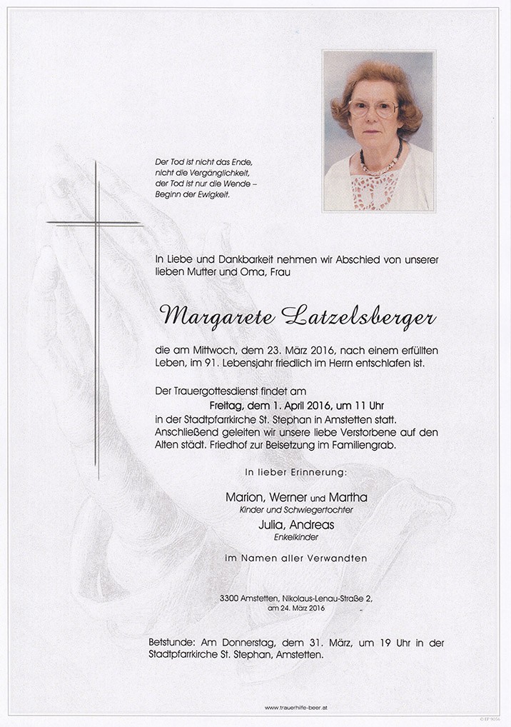Traueranzeige von Margarete Latzelsberger
