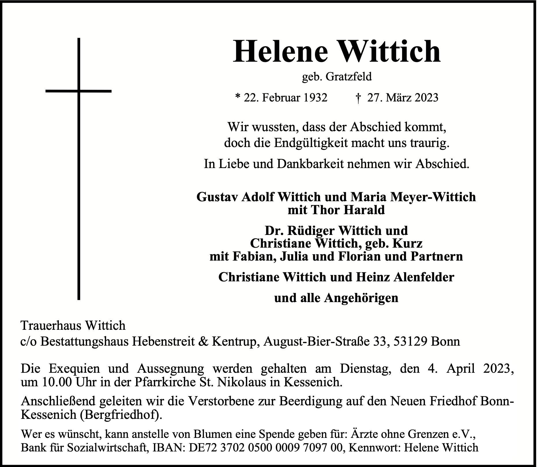 Traueranzeige von Helene Wittich