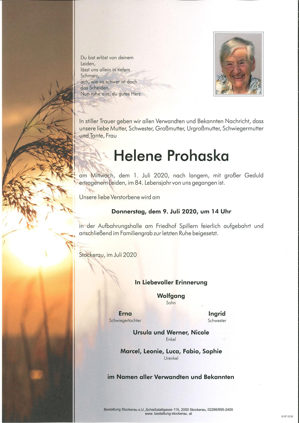 Traueranzeige von Helene Prohaska