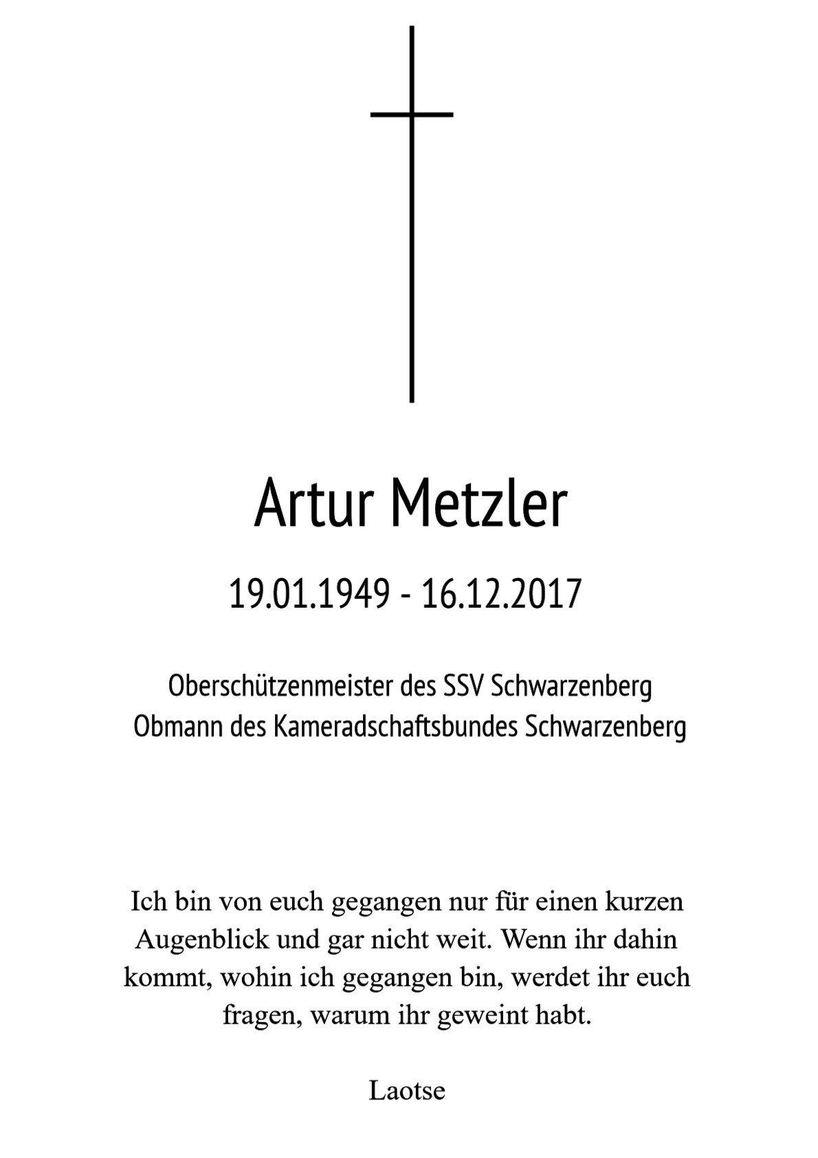 Traueranzeige von Artur Metzler