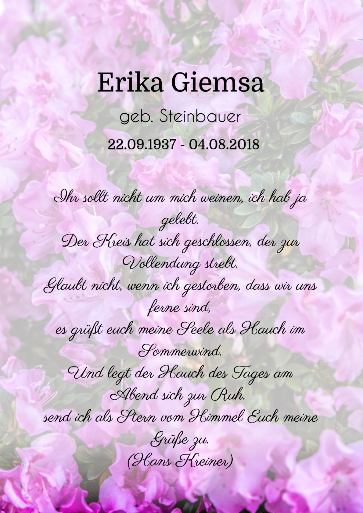 Traueranzeige von Erika Giemsa