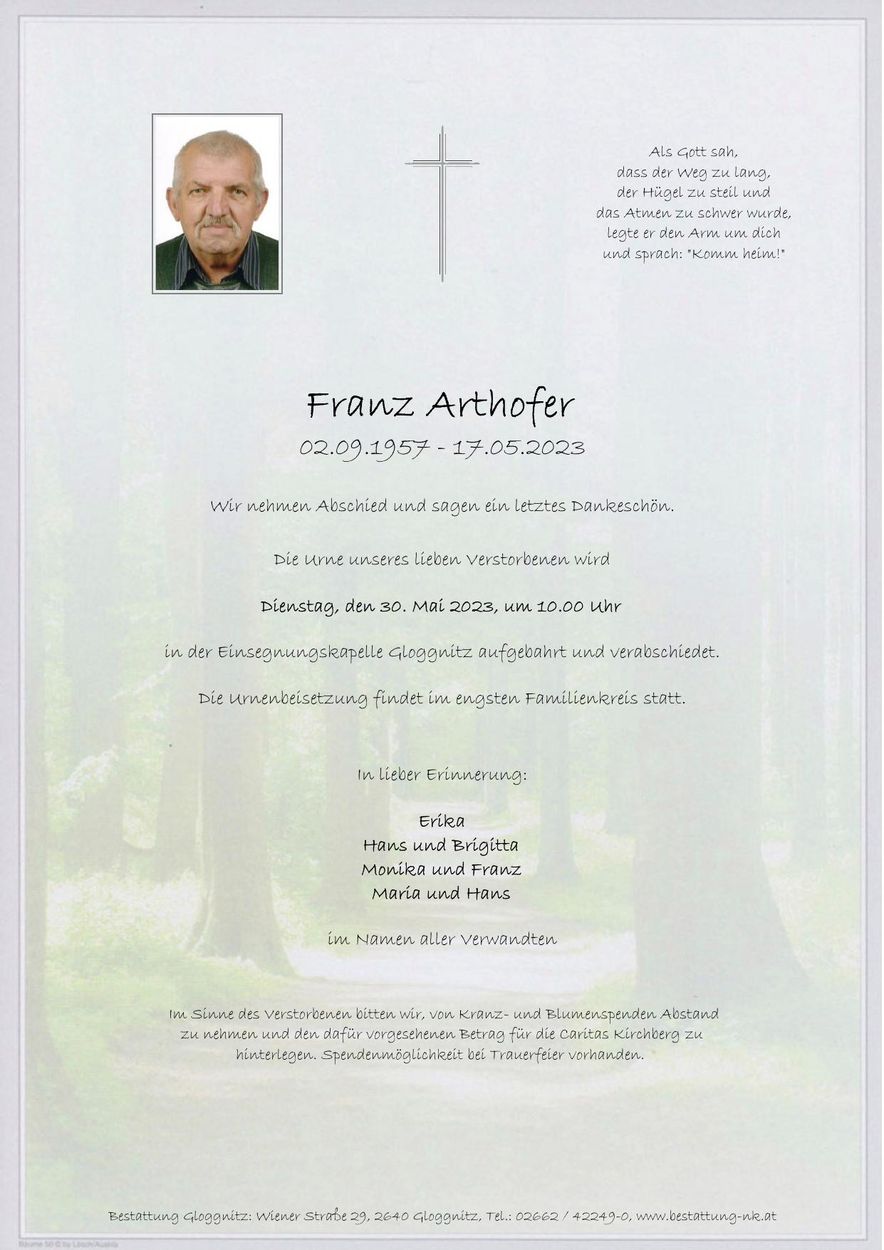 Traueranzeige von Franz Arthofer