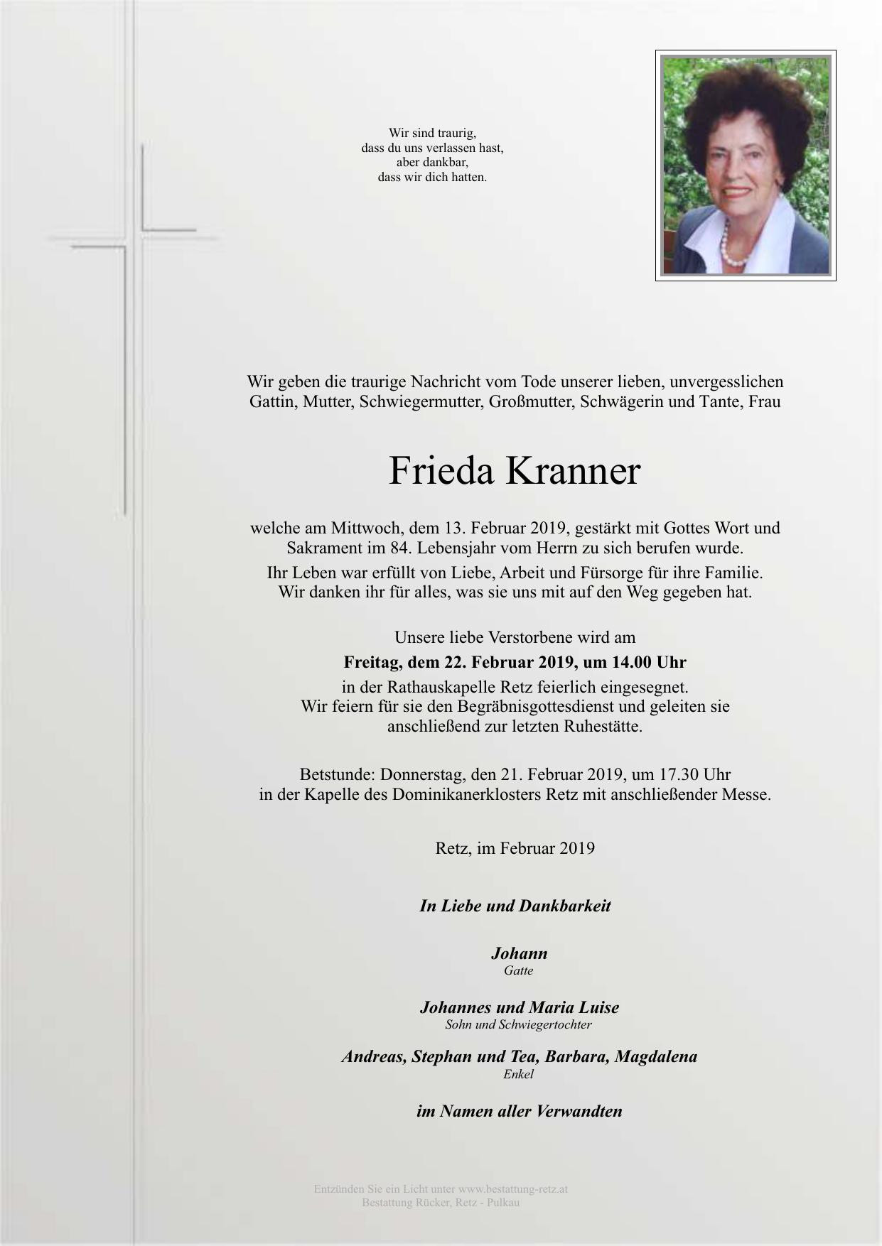 Traueranzeige von Frieda Kranner