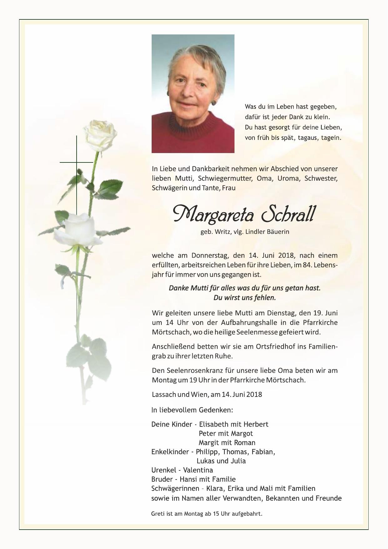 Traueranzeige von Margareta Schrall