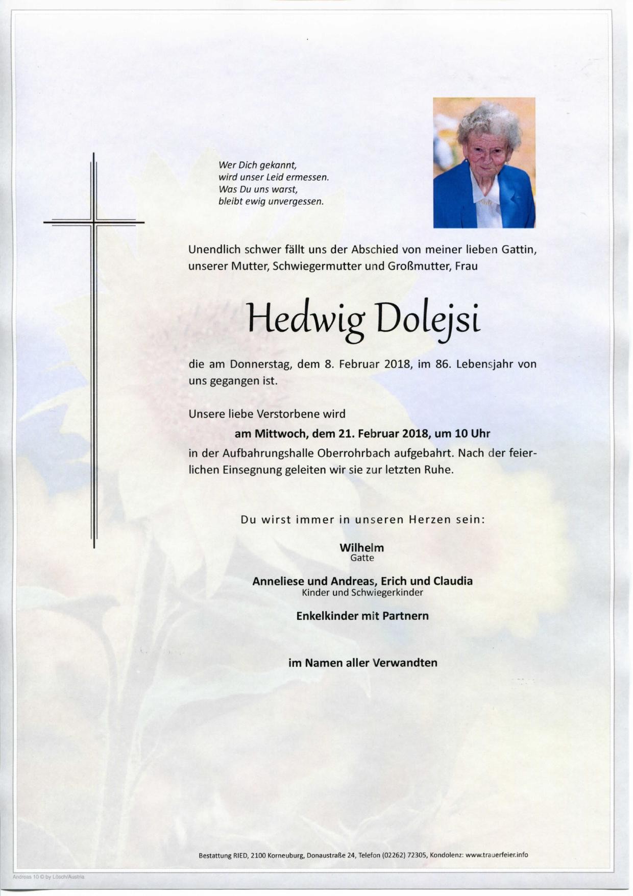 Traueranzeige von Hedwig Dolejsi