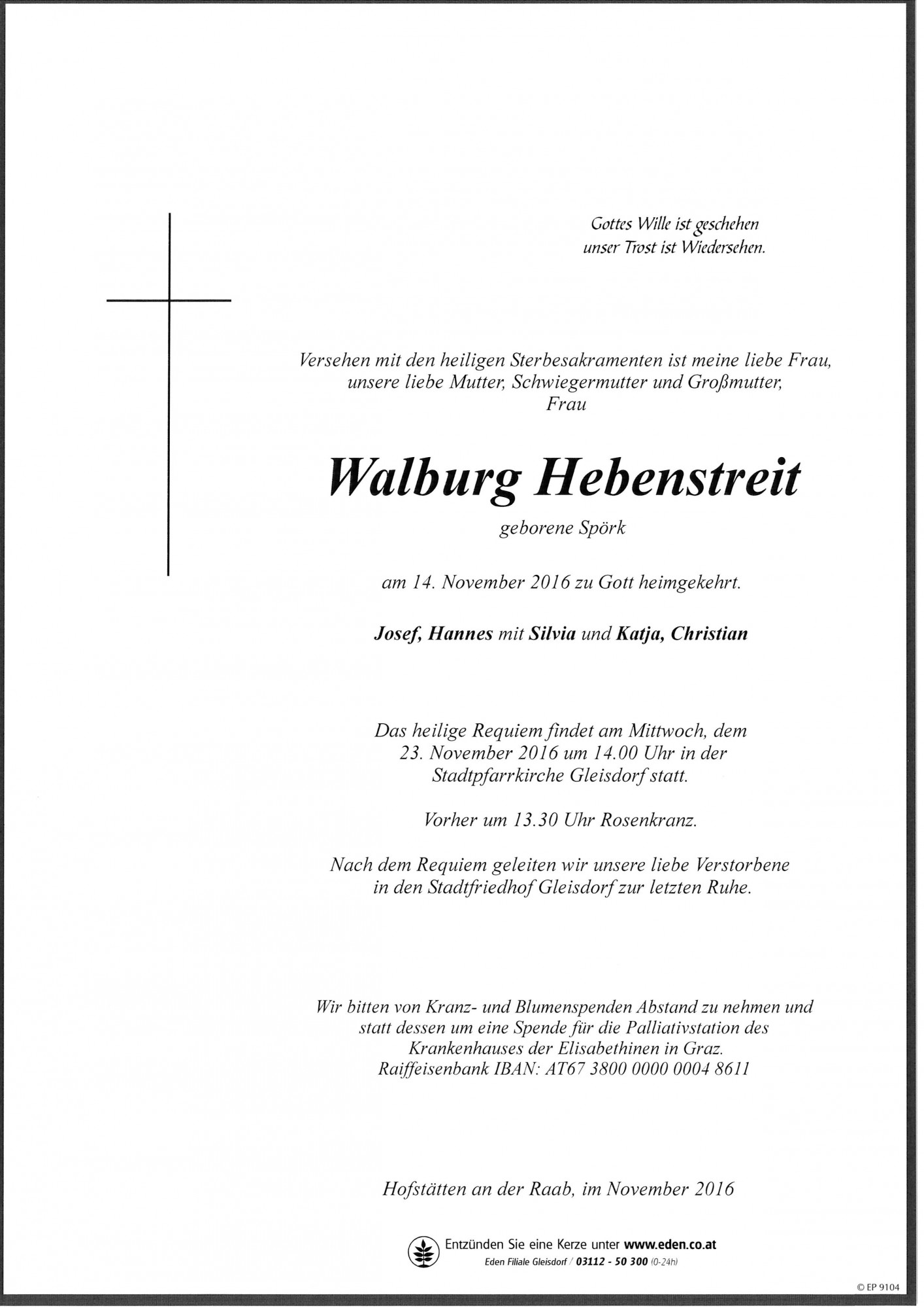 Traueranzeige von Walburg Hebenstreit