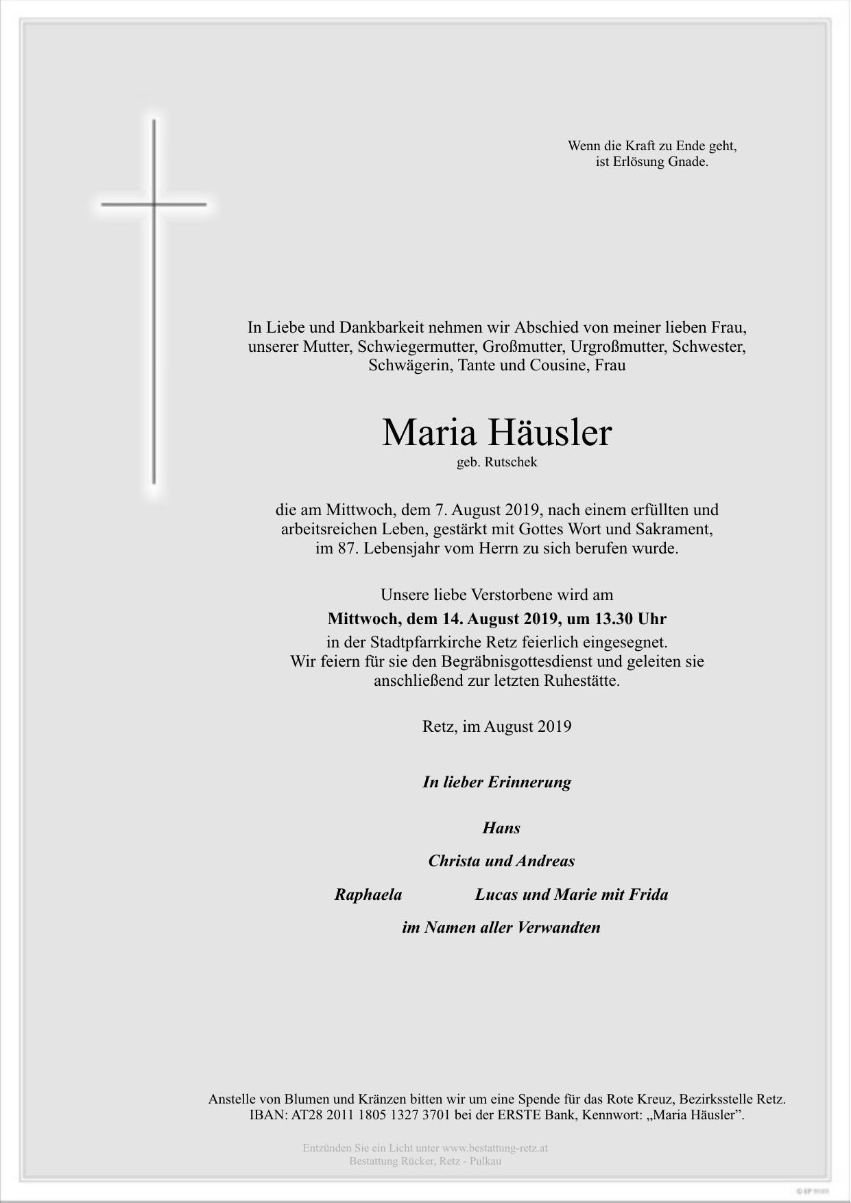 Traueranzeige von Maria Häusler